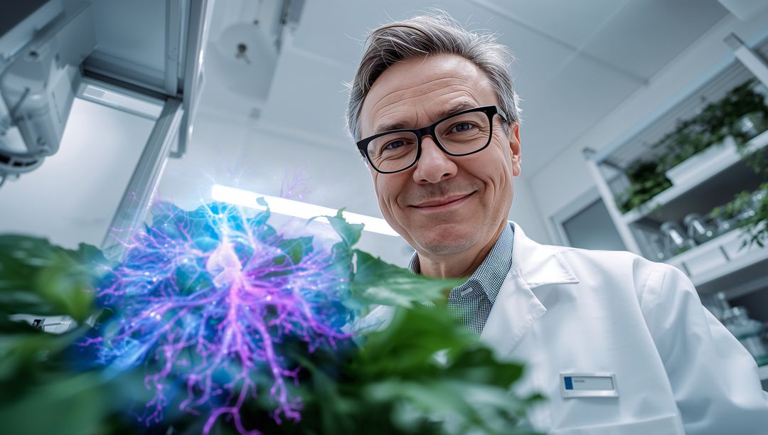 Midlife Scientist Examining Glowing Purple Plant Under LED in Modern Laboratory