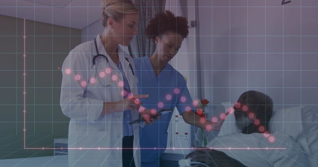 Doctor and Nurse Consulting at Bedside, Reviewing Tablet Data Visualization