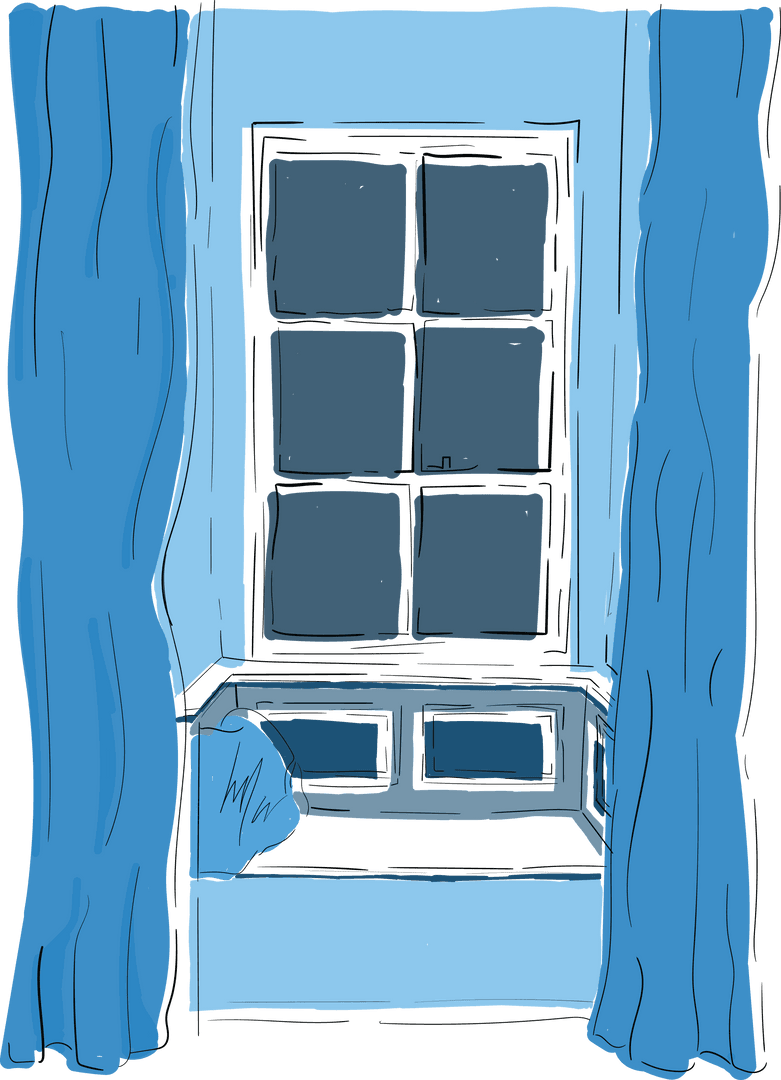 Illustration of Blue Window Curtains and Cushioned Seat in Transparent Style
