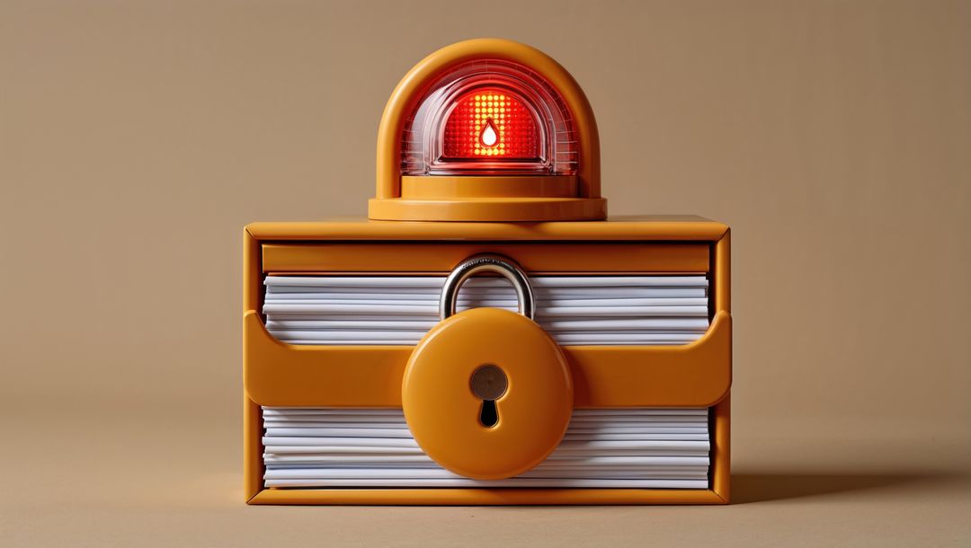 Security concept with locked files and red warning light, criminal record concept