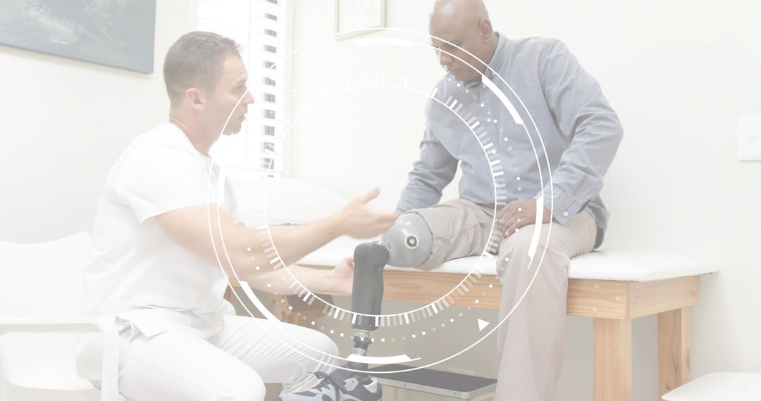 Clinician Fitting Advanced Prosthetic Leg with Digital HUD Overlay in Rehabilitation Clinic