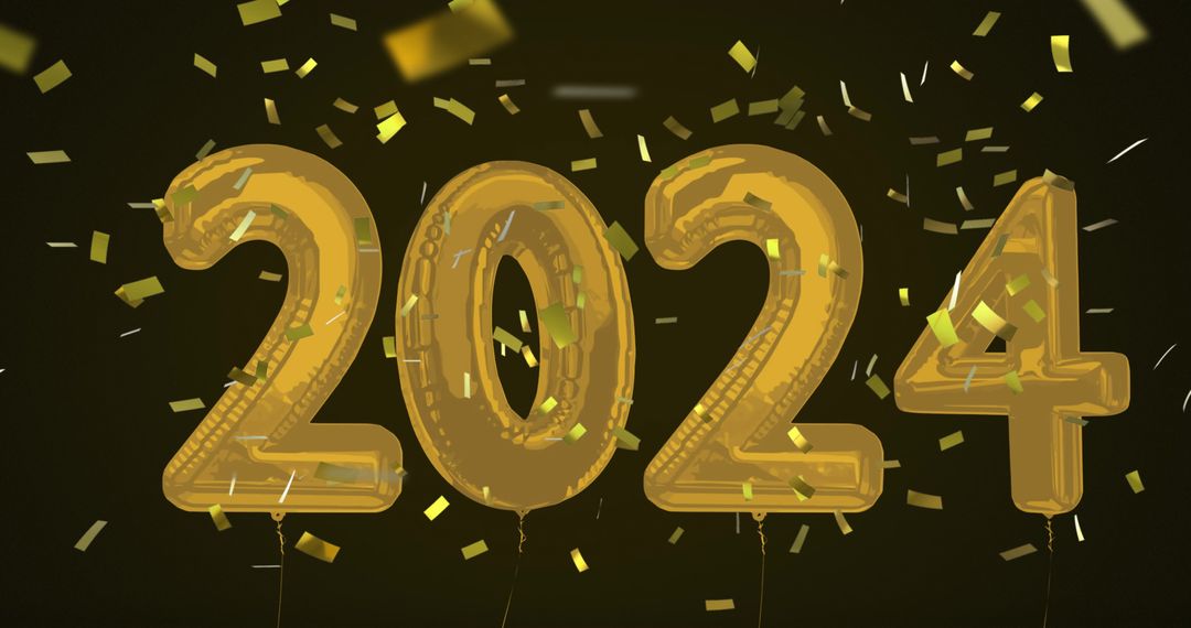 Golden 2024 Balloons with Confetti Celebration