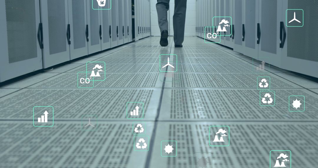 Data Center with Eco-Friendly Digital Icons Overlay