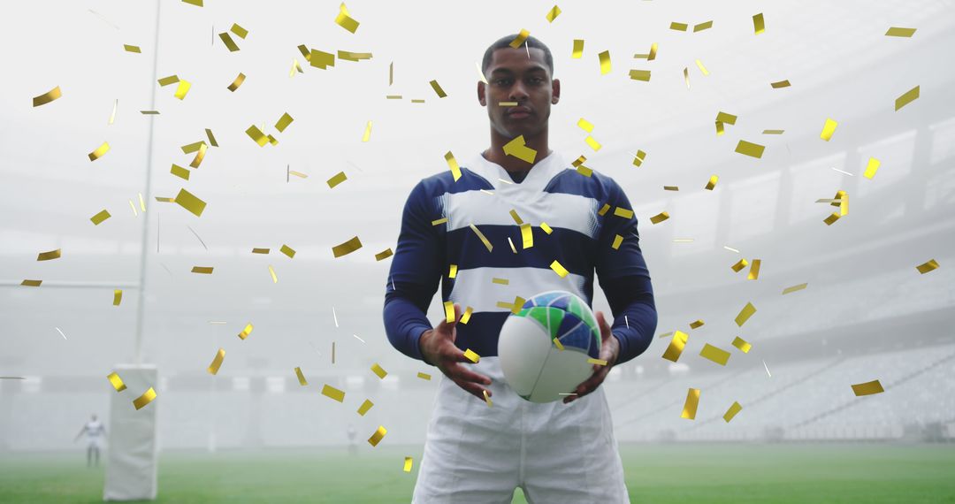 Confetti Shower Celebrating Rugby Player in Stadium