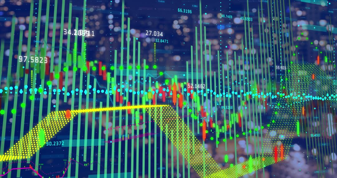 Digital Stock Market Interface on Urban Skyline Background
