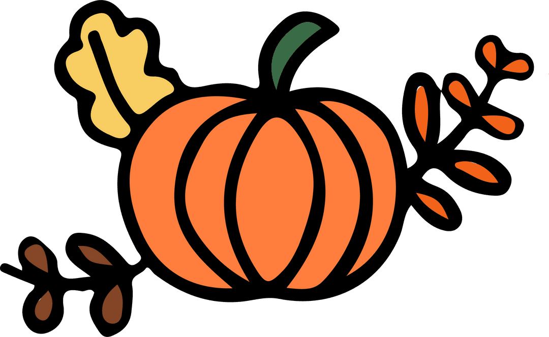 Stylized Pumpkin with Autumn Leaves on Transparent Background