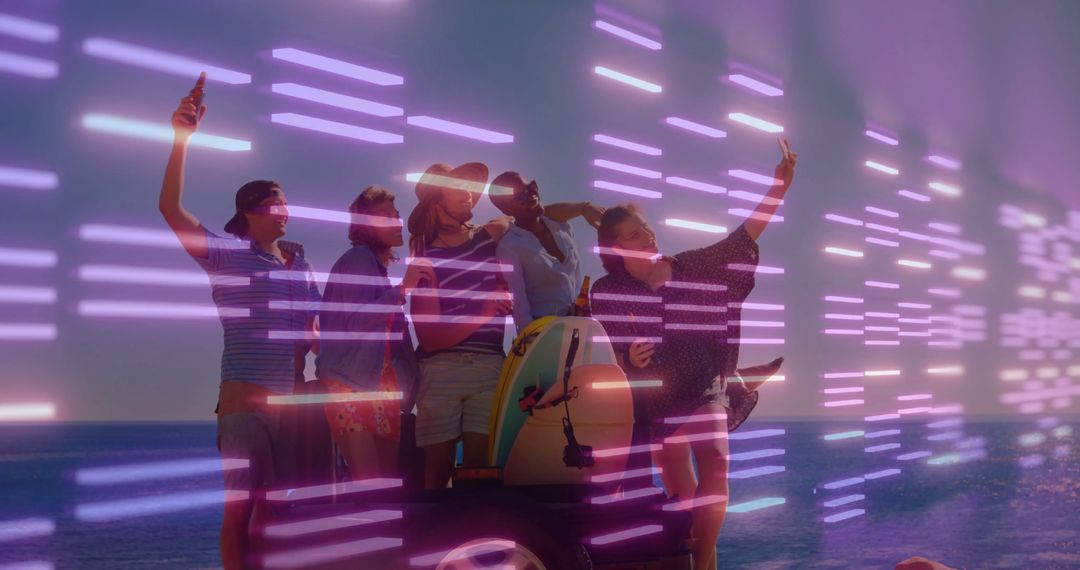 Friends Enjoying Beach Party with Neon Futuristic Vibes