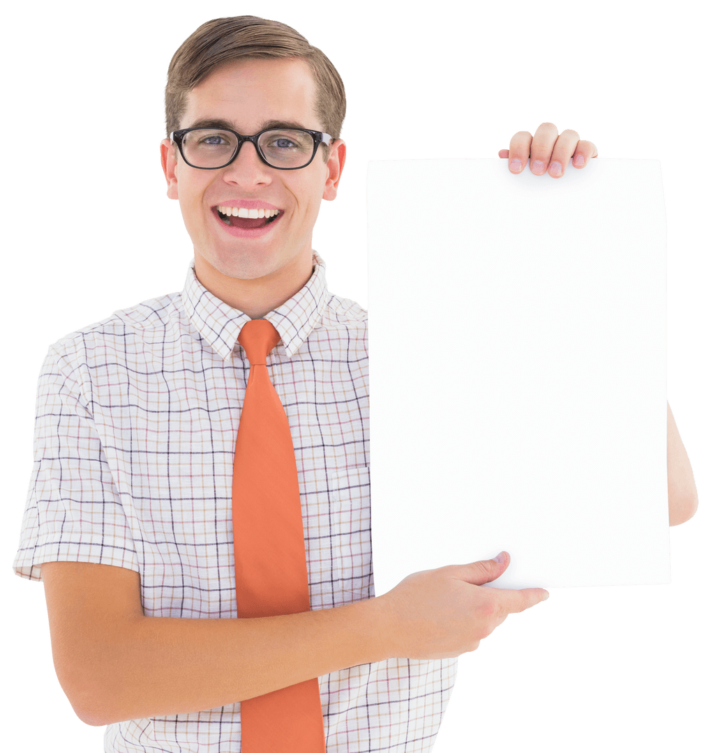 Transparent Geeky Hipster Holding Blank Sign Smiling