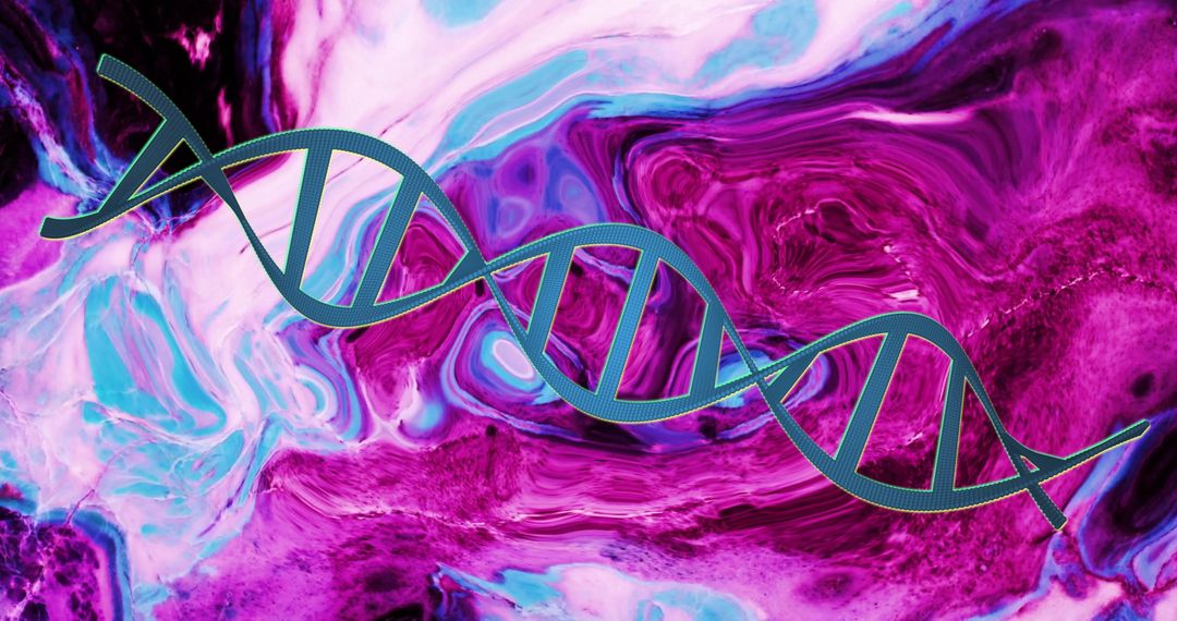 Rotating DNA Strand Over Vibrant Liquid Background
