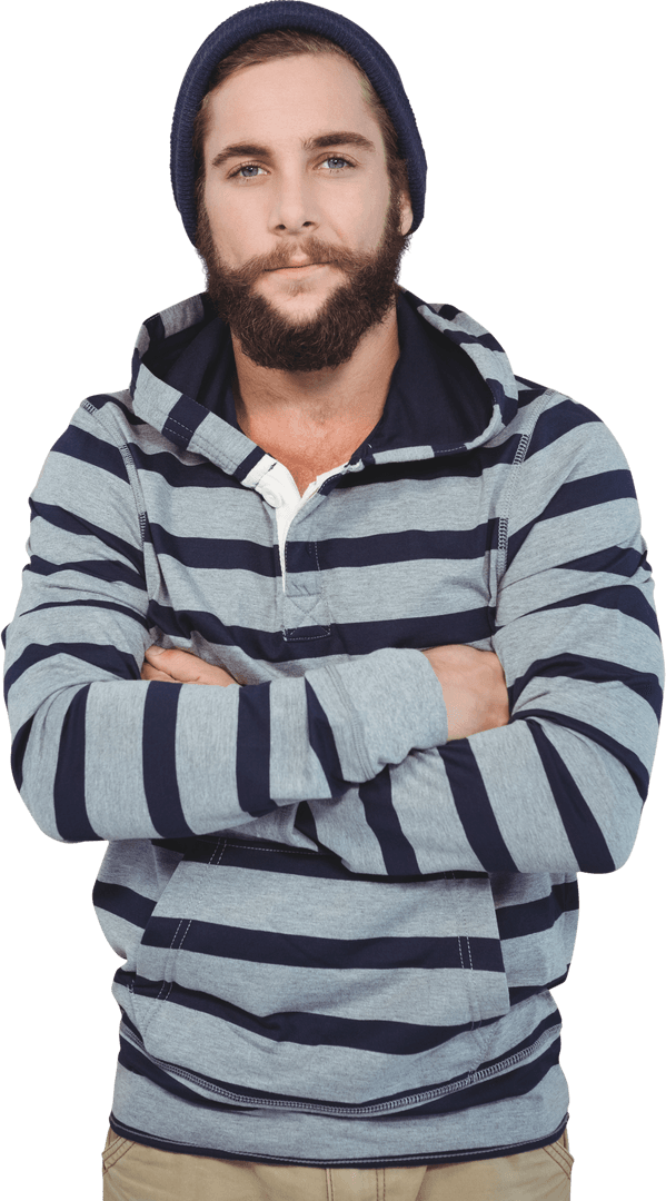 Transparent Hipster Male with Striped Hoodie Standing
