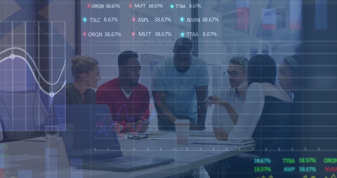 Team Collaborating on Stock Market Analysis in Modern Office
