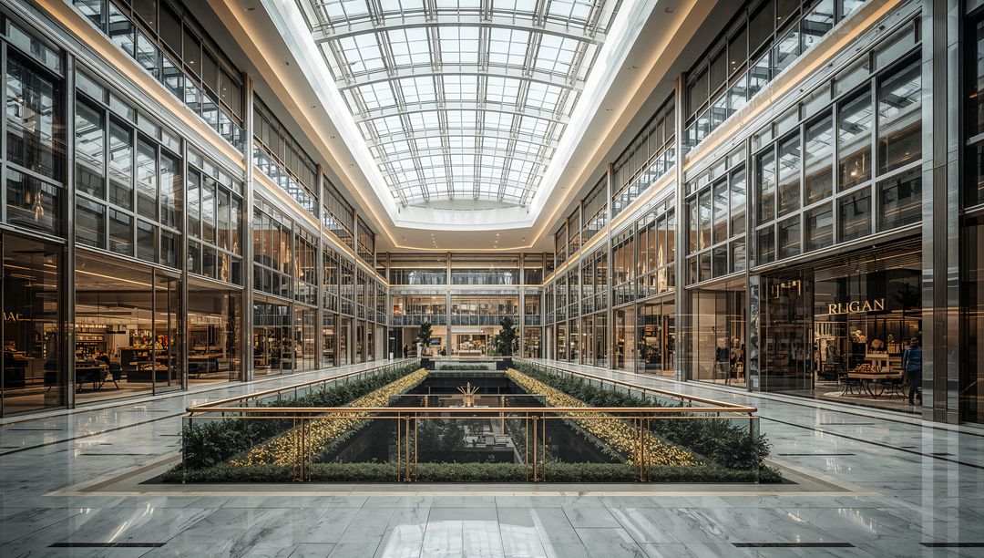 Upscale mall atrium bathing under glass skylight with marble concourse and gold railings