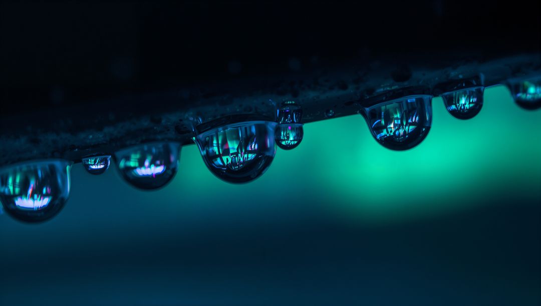 Hanging water droplets reflecting neon lights with teal bokeh and inverted reflections