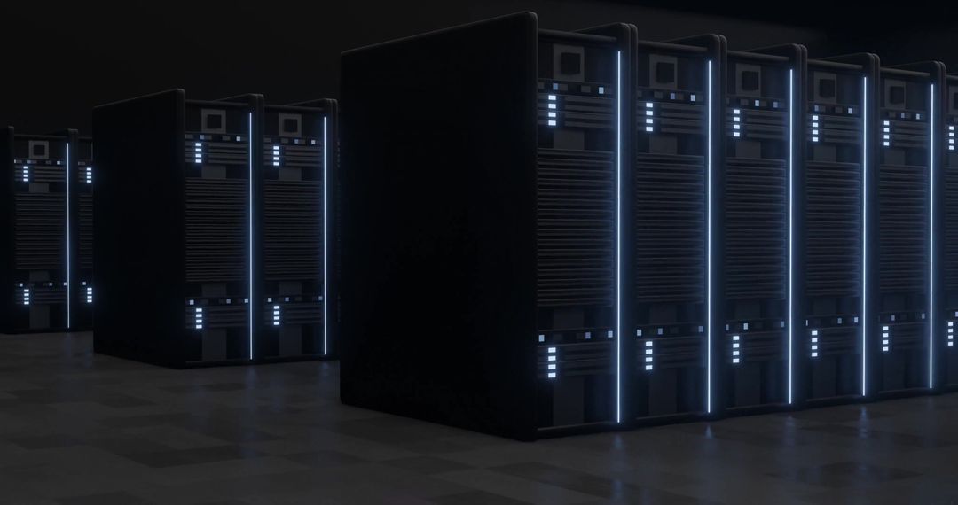 Black Server Rack Row with LED Indicators in Modern Data Center