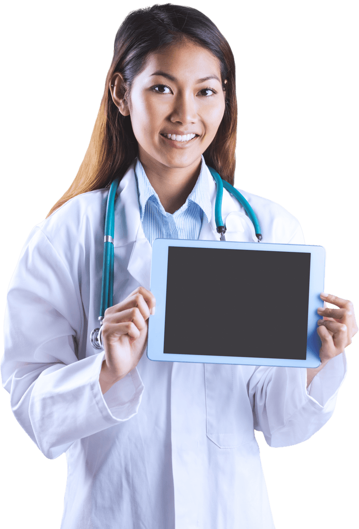 Smiling Asian Doctor Holding Transparent Digital Tablet