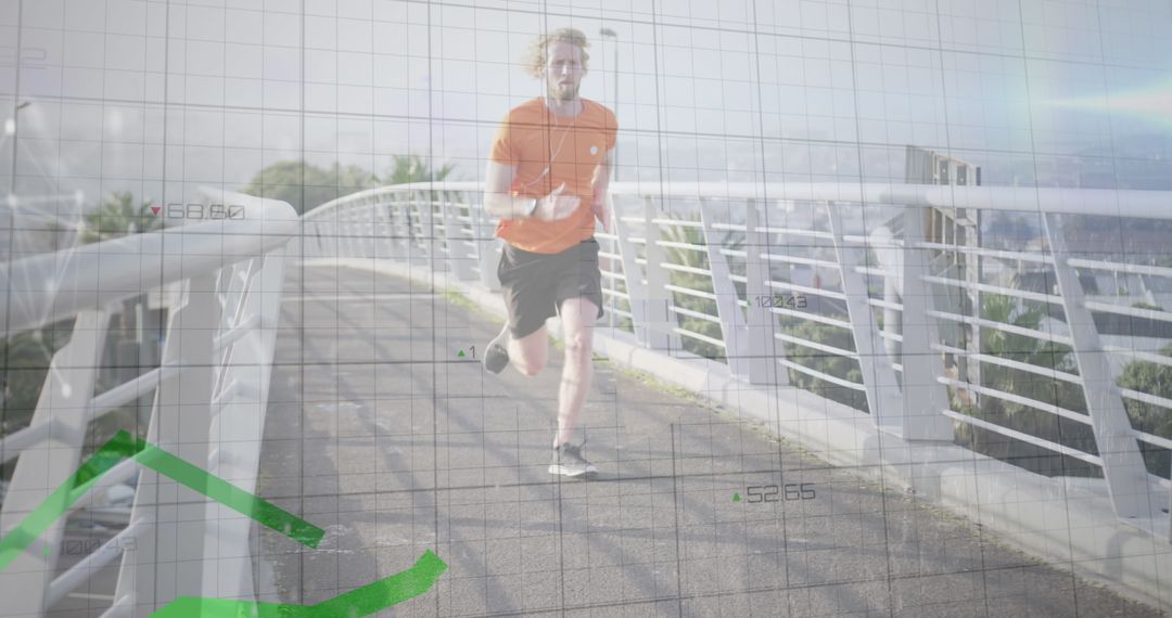 Man Running with Financial Data Graph Overlay