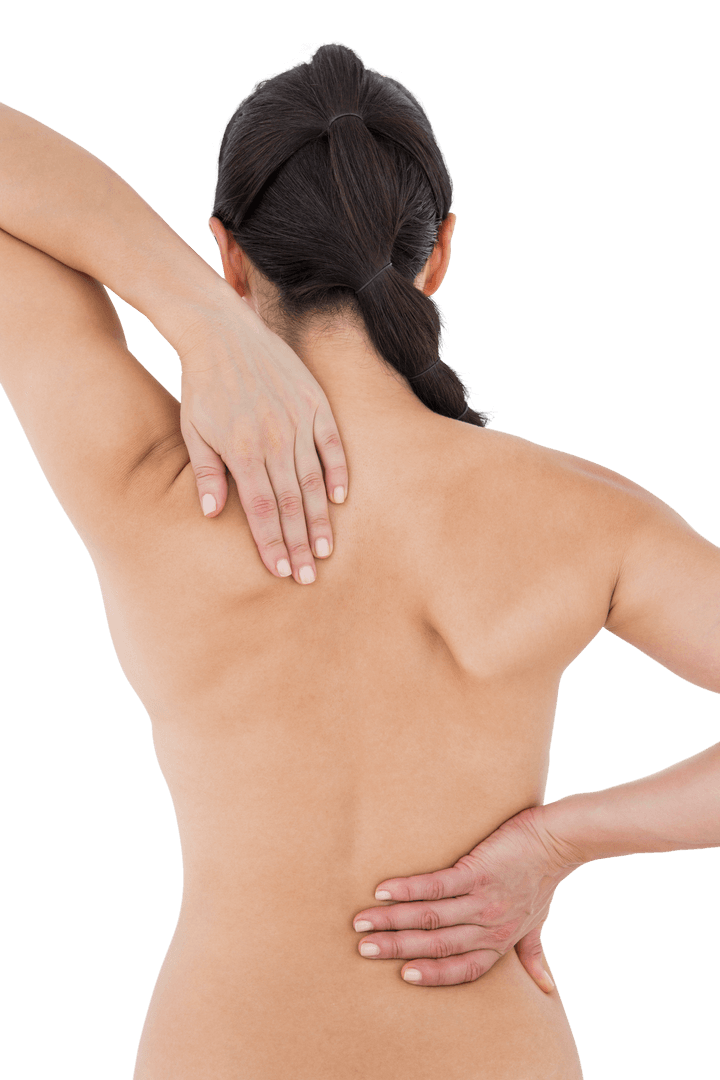 Transparent Brunette Experiencing Back Pain with Touch Gesture