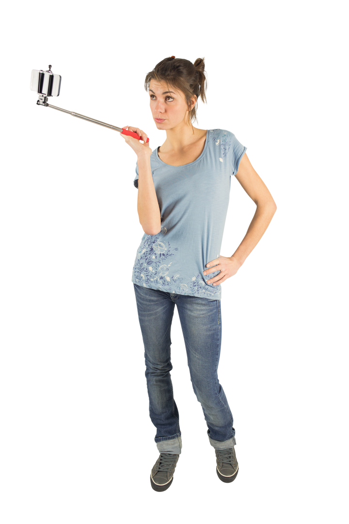 Casual Brunette Woman with Selfie Stick Transparent Background - Download Free Stock Images Pikwizard.com