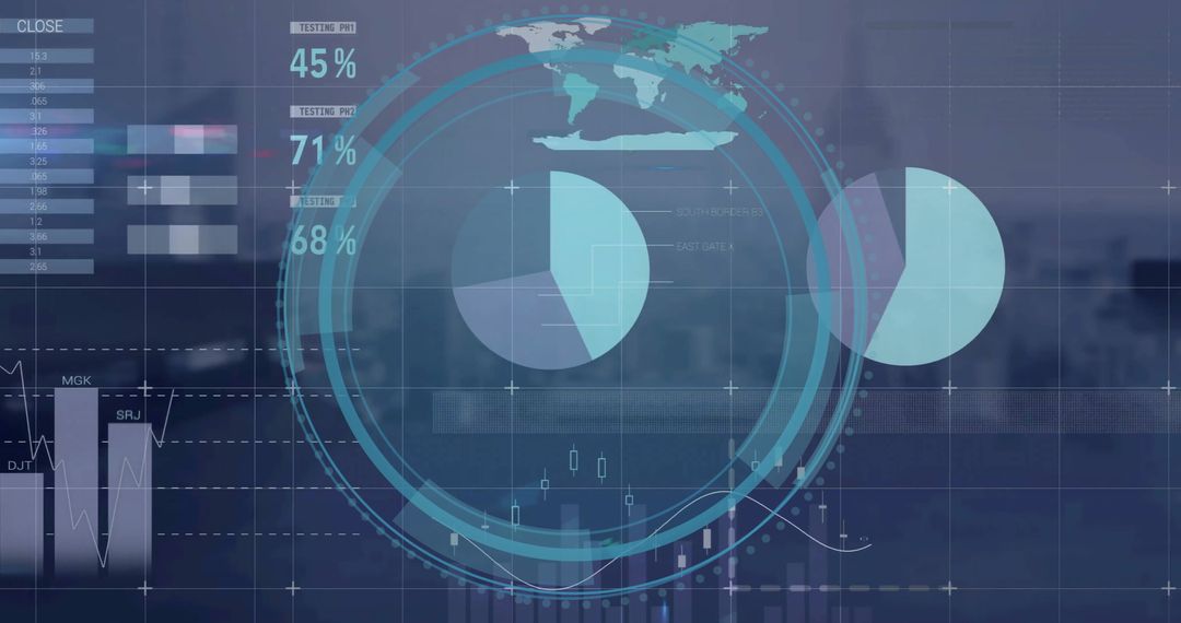 Digital Interface with Financial Charts and Data Overlaid on Cityscape