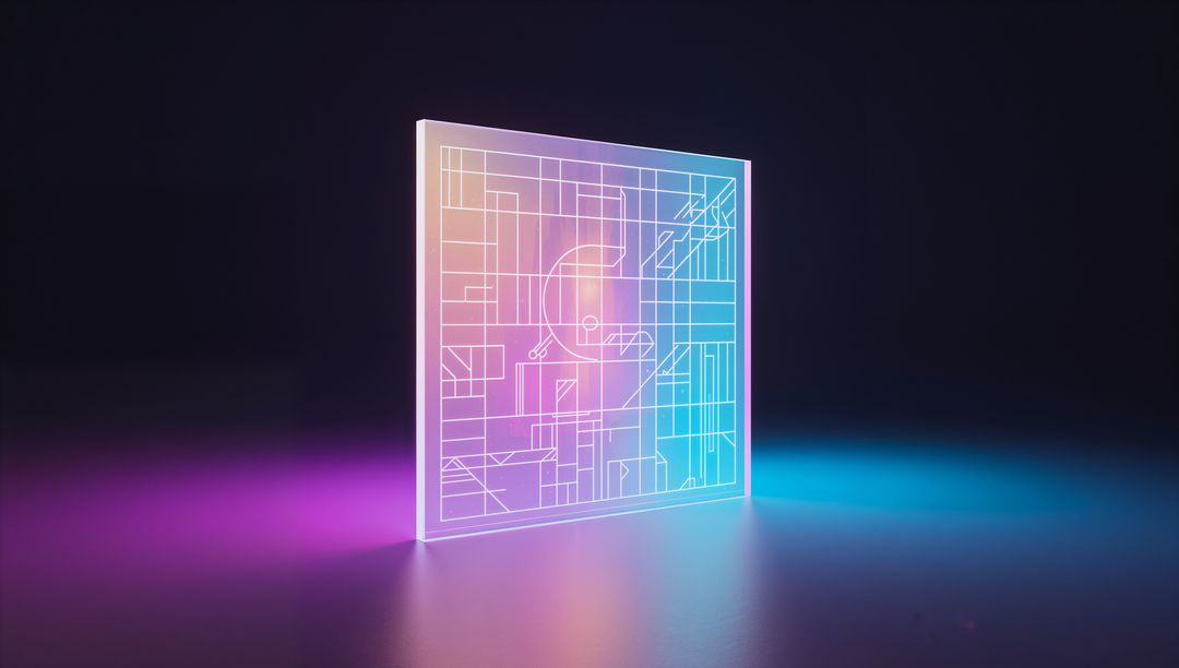 Glowing translucent square panel emitting neon gradients with etched circuit schematic