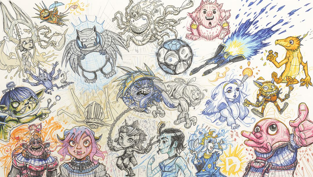 Fantasy sketchbook of character studies with ink, pencil and vibrant creature doodles