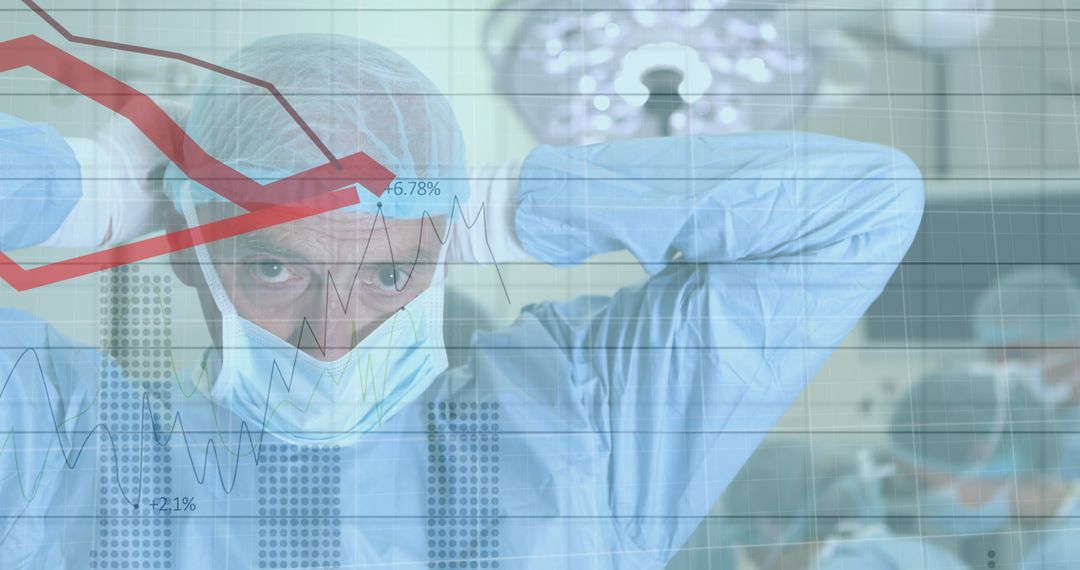 Surgeon Preparing in Surgery Room with Financial Data Overlay