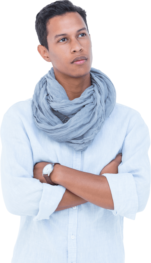 Confident Man with Arms Crossed in Thoughtful Pose on Transparent Background