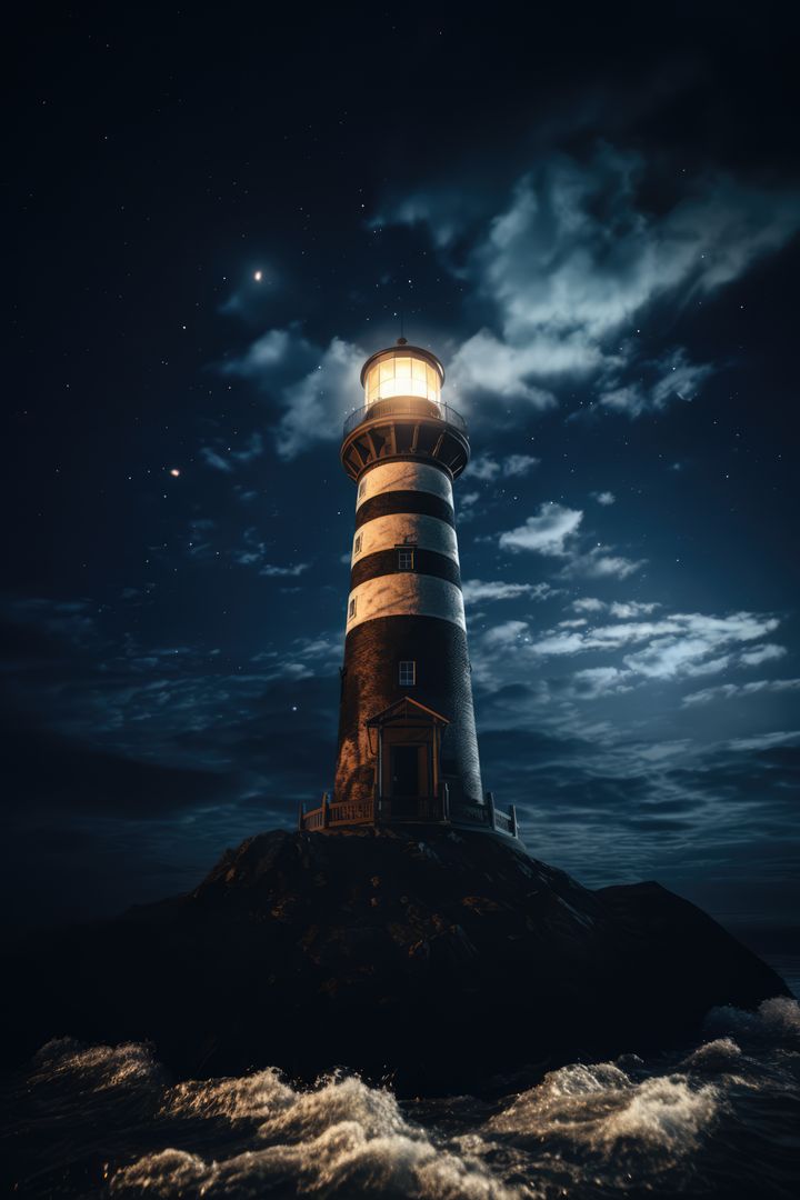 Lighthouse and stormy seas at night, created using generative ai technology - Free Images, Stock Photos and Pictures on Pikwizard.com