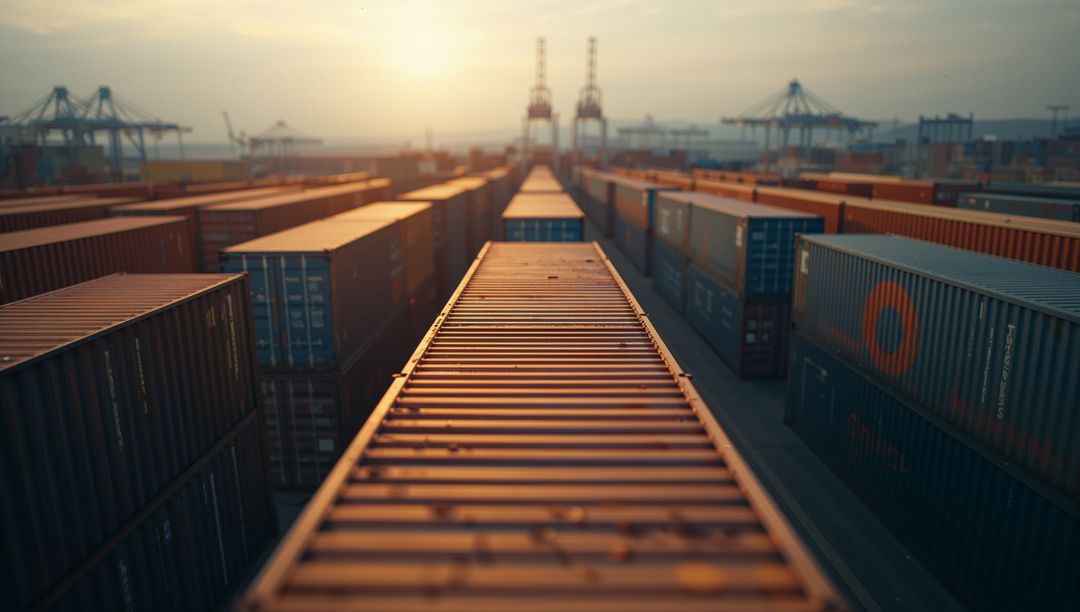 Expansive Shipping Container Row Extending to Gantry Cranes at Sunset