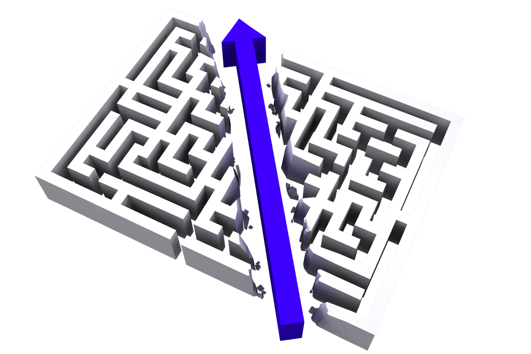 Transparent Maze with Blue Arrow Symbolizing Direction and Course