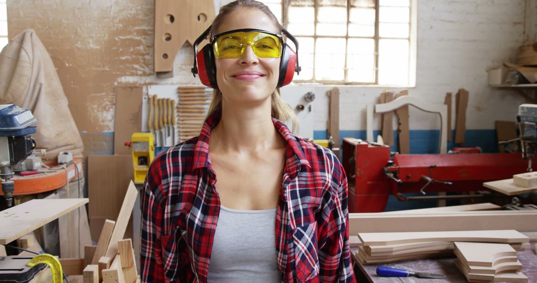 Smiling Female Craftsperson Wearing Safety Gear in Carpentry Workshop - Free Images, Stock Photos and Pictures on Pikwizard.com