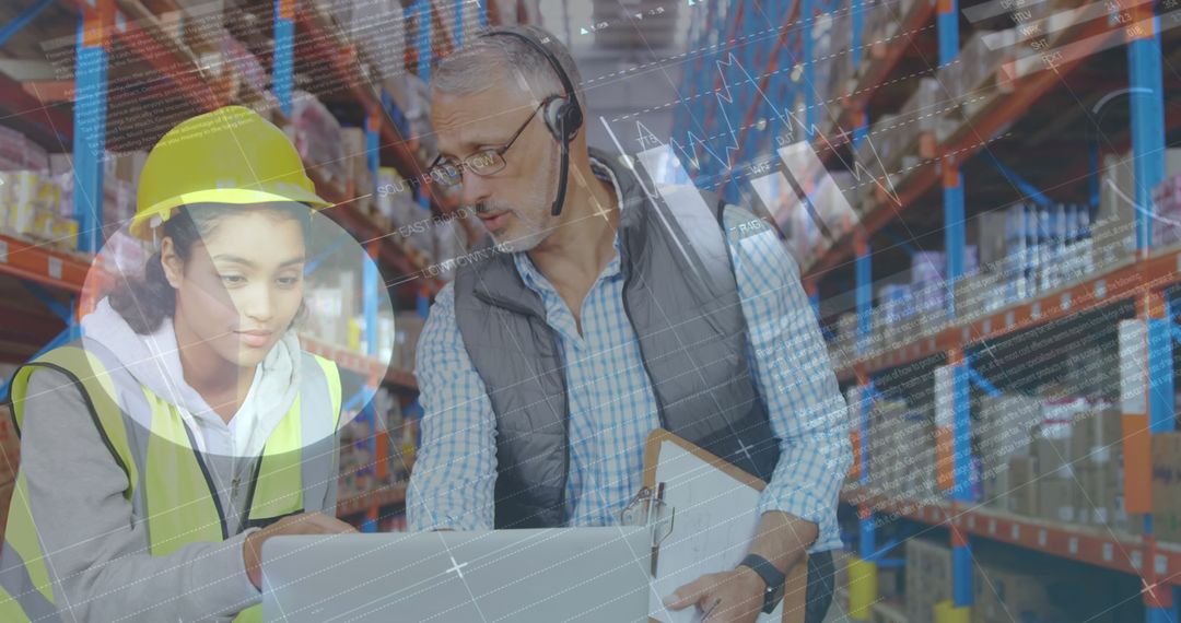 Warehouse Team Using Laptop for Inventory Management and Data Analysis