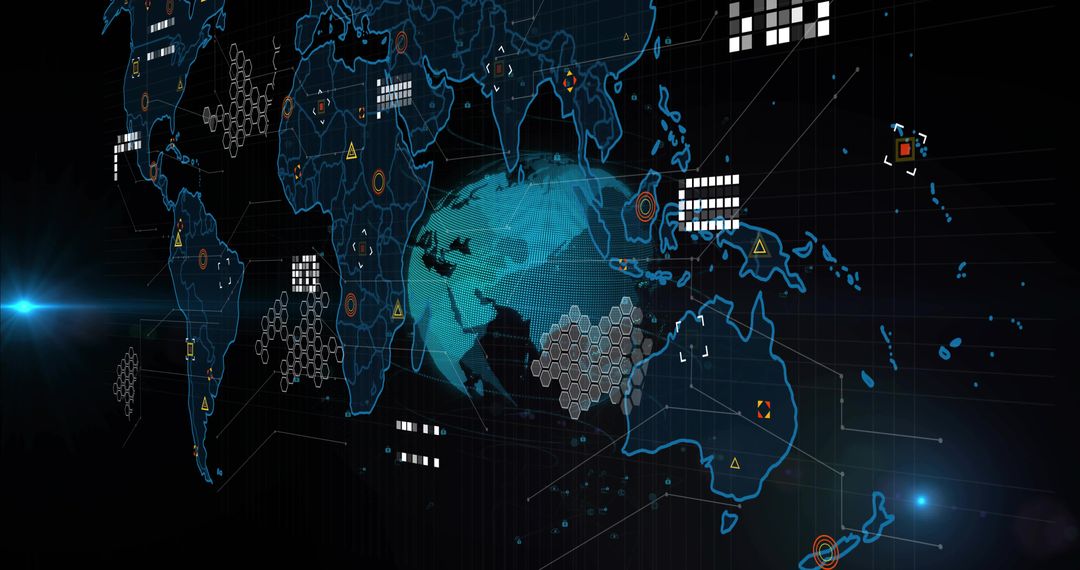 Futuristic Holographic Global Network Dashboard with Cyan Globe and Data Visualization