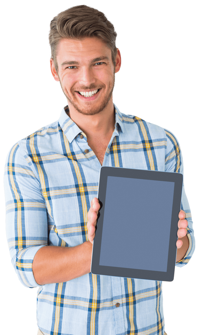 Happy Man Holding Tablet with Copy Space on Transparent Background