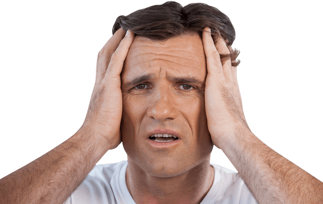 Transparent Frustrated Mature Man Holding Head in Hands