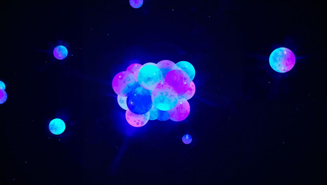 Neon cosmic orb cluster glowing cyan and magenta against deep space starfield