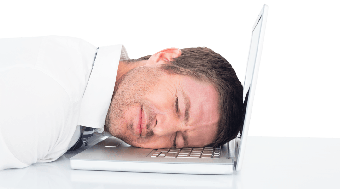Businessman Exhausted Resting on Laptop Transparent Background