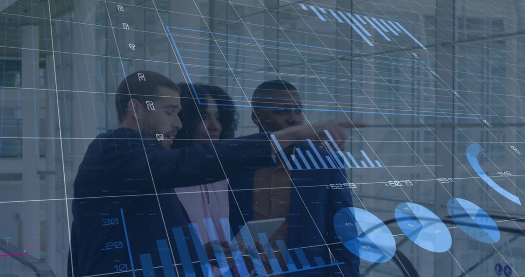 Business Team Analyzing Financial Data with Tech Overlay