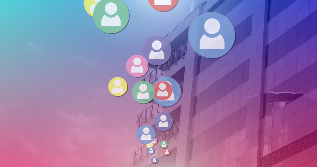 Digital User Profile Icons Flowing with Urban Architecture