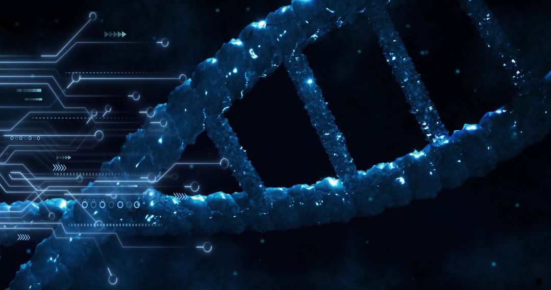 Digital Circuit Board Overlay on DNA Strand Illustration