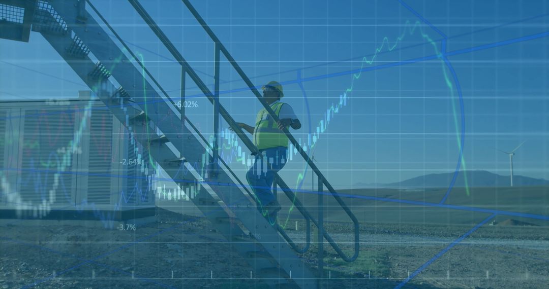 Engineer Climbing Industrial Stairs Amid Financial Growth Graphs