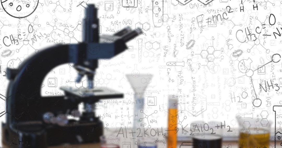 Microscope and Lab Equipment with Scientific Formula Illustrations