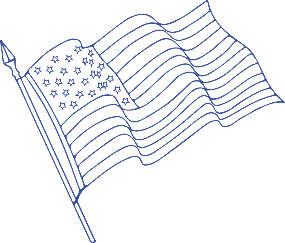 Minimalist Monochrome Blue Outline of Waving US Flag on Transparent Background