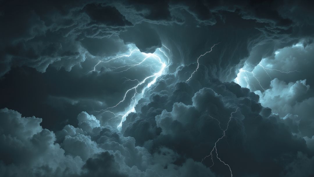 Mystical Lightning Illuminating Turbulent Cumulonimbus Clouds