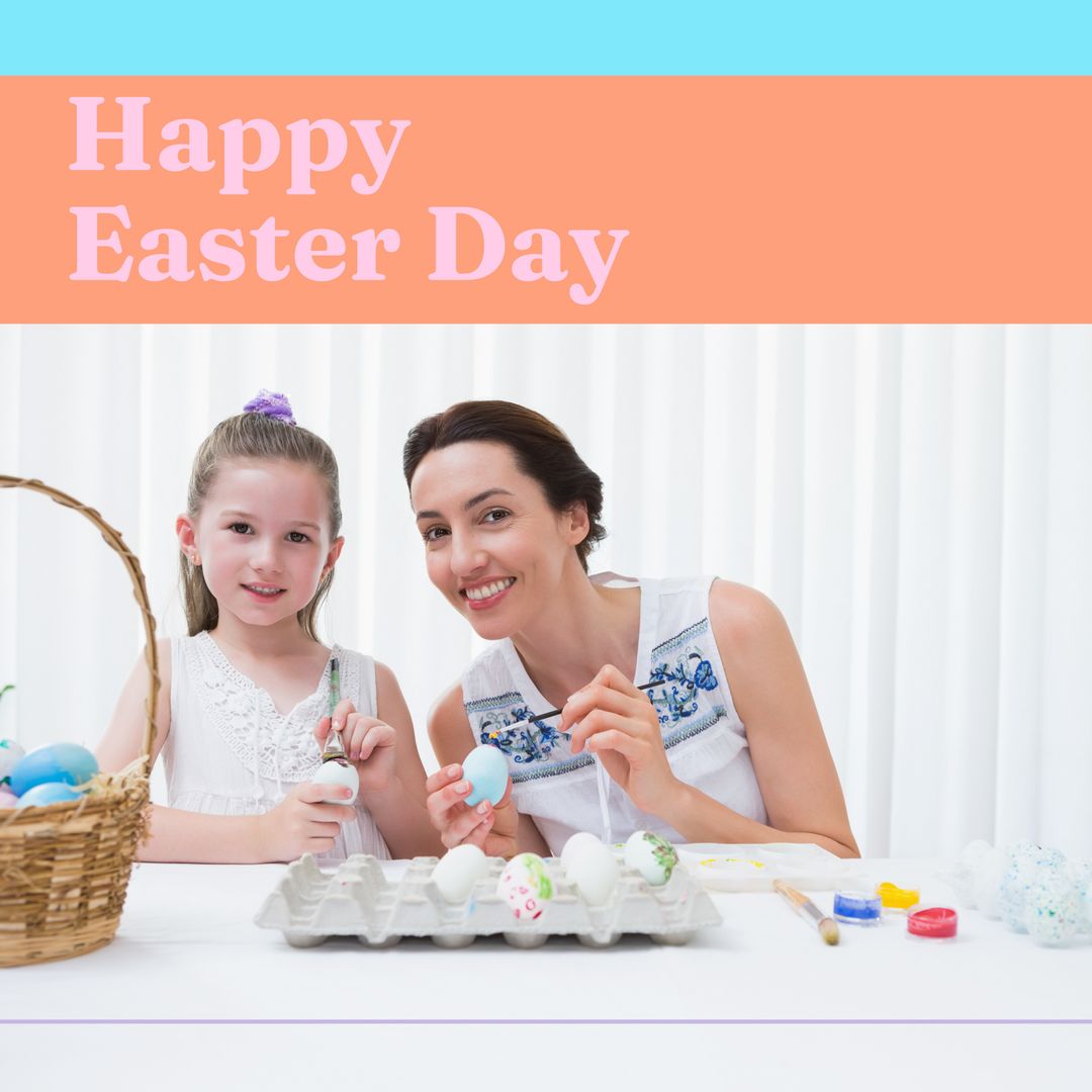 Mother and Daughter Celebrating Easter by Coloring Eggs