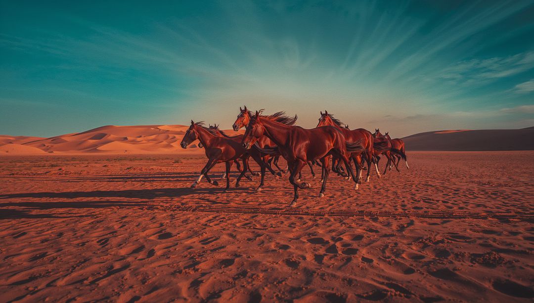 Chestnut Horse Herd Galloping Across Vast Desert Plain
