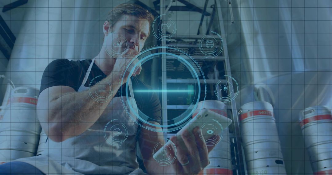 Brewery Professional Using Smartphone in High-Tech Warehouse