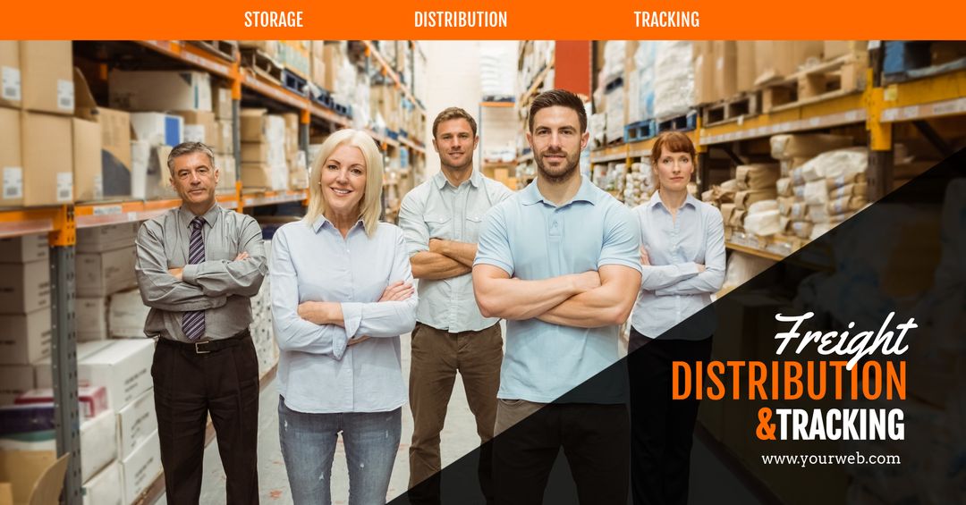 Confident warehouse team promoting logistics services