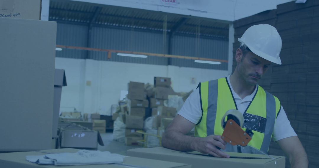 Warehouse Worker Sealing Boxes with Tape Dispenser in Industrial Setting