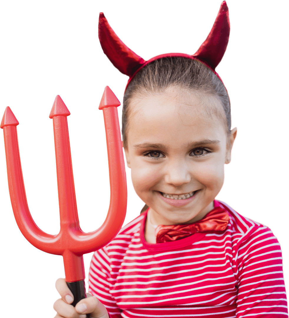 Joyful Girl in Devil Costume Holding Trident Transparent